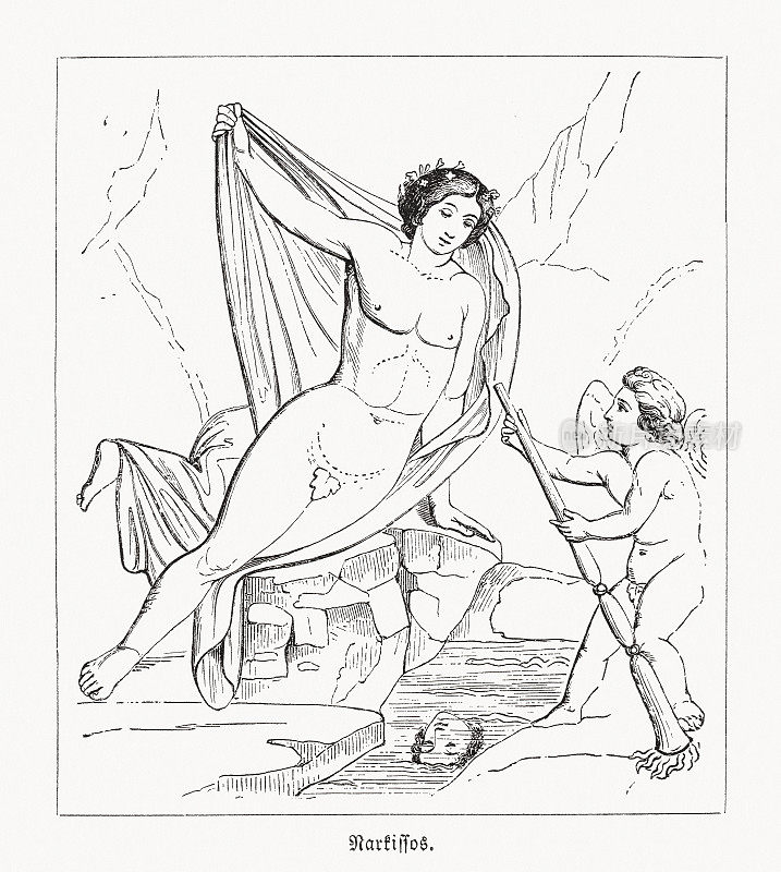 水仙，希腊神话，木刻，1868年出版