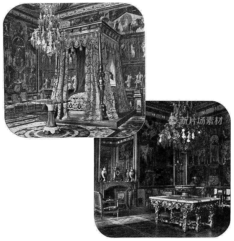 皇后母亲的卧室和大沙龙在Ch?teau德枫丹白露枫丹白露，法国- 19世纪