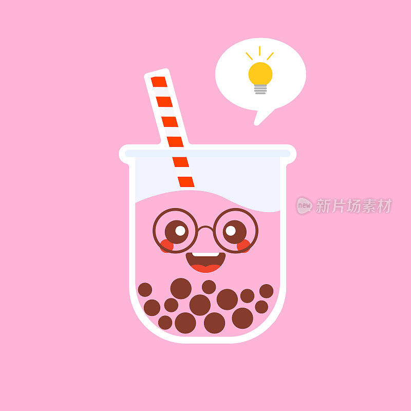 可爱的珍珠奶茶配木薯粉。珍珠奶茶，黑色美味珍珠是台湾著名的。受欢迎的饮料。矢量图草图。角色动画。可爱的贴纸。卡哇伊卡通Emoji。