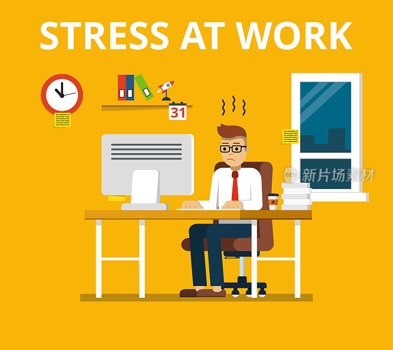 工作中的压力概念。坐在办公桌前劳累过度的商人或上班族。平面向量插图。
