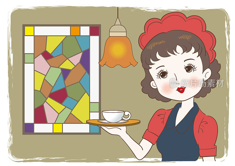 女服务员携带着咖啡在一个复古的咖啡馆-彩色玻璃窗的背景