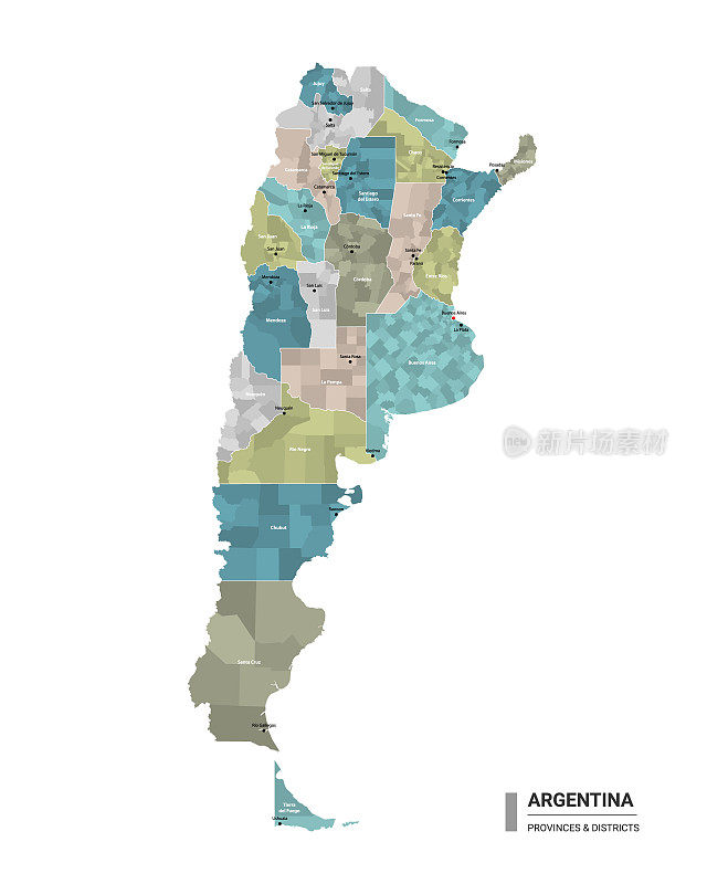 阿根廷higt详细地图与细分。阿根廷行政地图与地区和城市名称，颜色由州和行政区域。矢量插图与可编辑和标签层。