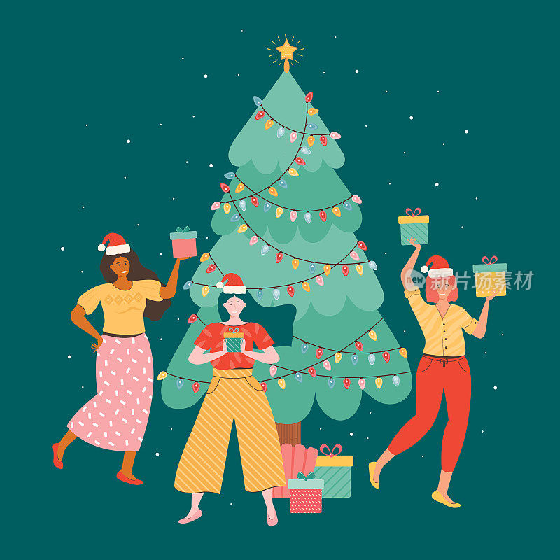 快乐的女性朋友庆祝新年或圣诞节。戴着圣诞老人帽的积极女性拿着一堆礼物盒，背景是一棵圣诞树。新年聚会。矢量平面插图
