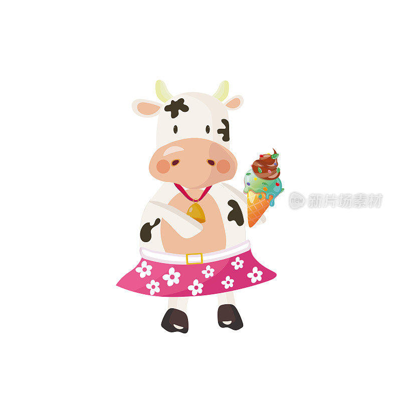 白色的奶牛穿着粉红色的裙子，戴着雏菊吃冰淇淋。