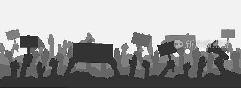 一群人在抗议。抗议人群的剪影，他们举着横幅，拿着扩音器，举起了手和拳头。为你的权利而战、革命或抗议的概念。向量