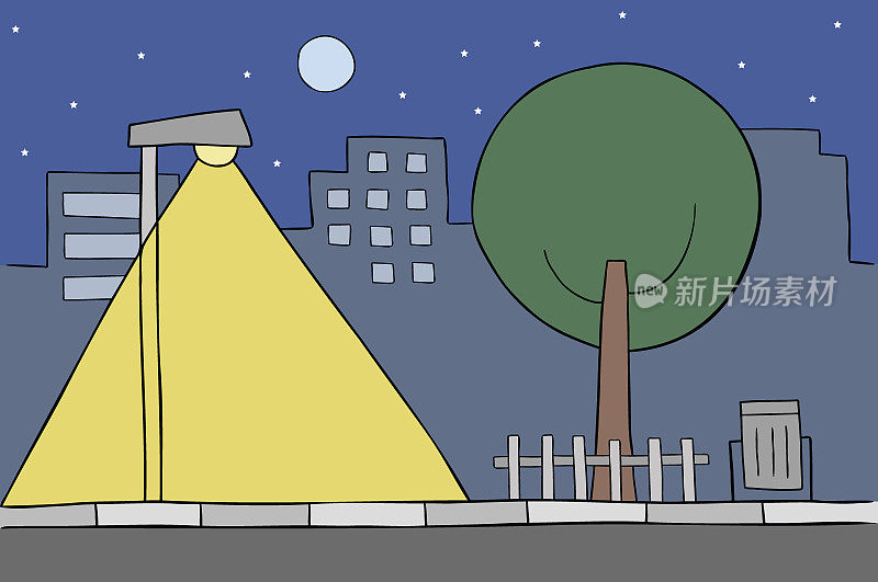 卡通矢量插图的城市场景在晚上。路灯、树、建筑物、星星和满月。