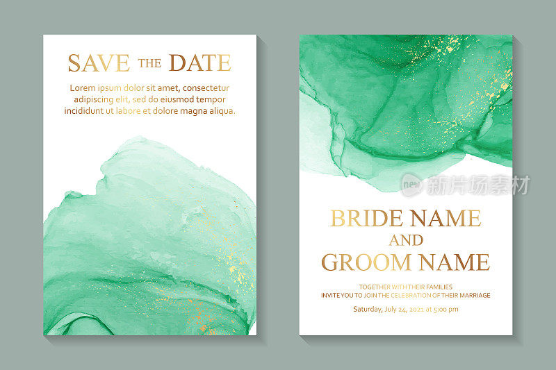 婚礼请柬用绿色水彩波浪或酒精墨水风格的流体艺术与金色的白色。