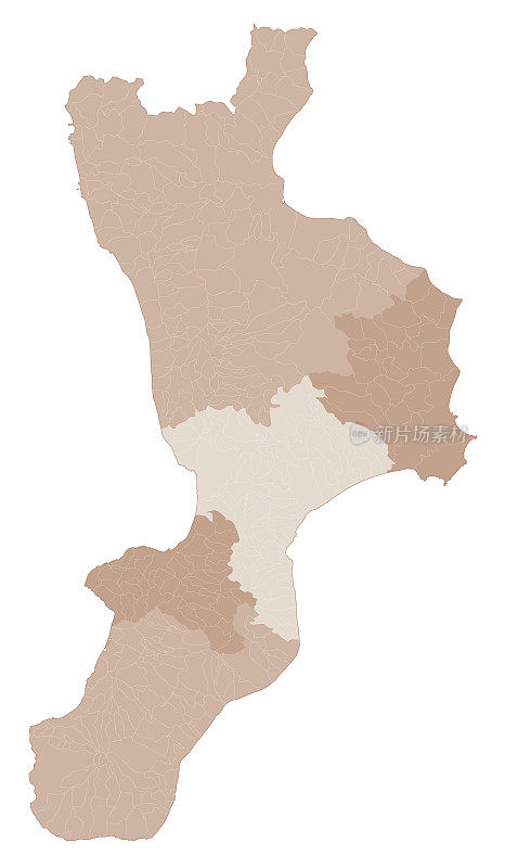 卡拉布里亚地图，按省、市划分。意大利