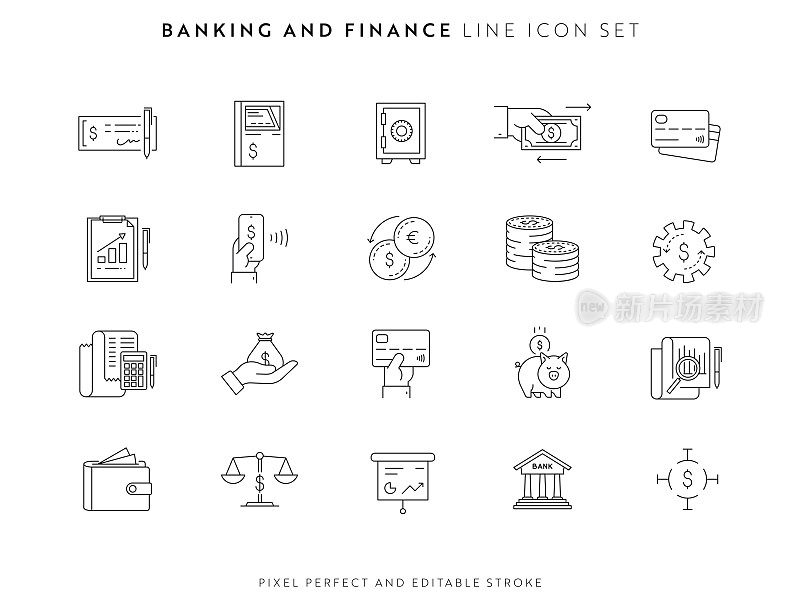 银行和金融图标设置与可编辑的笔触和像素完美。