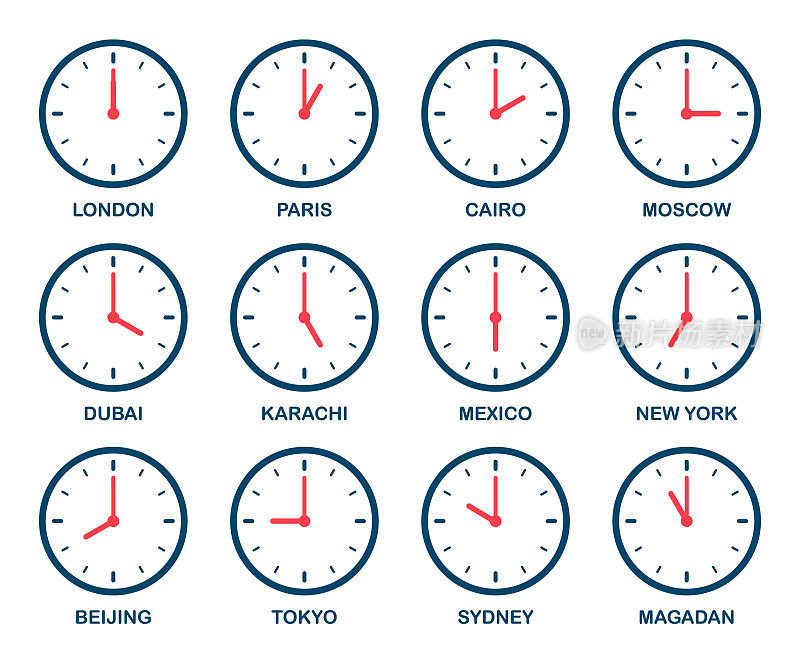 时钟时区设置-矢量插图。不同时区的时间。箭头-钟面上的小时，分钟。时钟时间流逝。