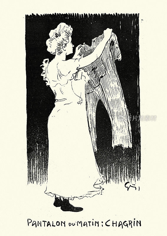 19世纪，维多利亚时代，一个女人举着一条裤子的老式法国卡通