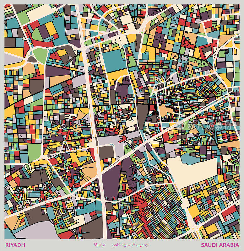 彩色插图风格的城市地图，利雅得市，沙特阿拉伯