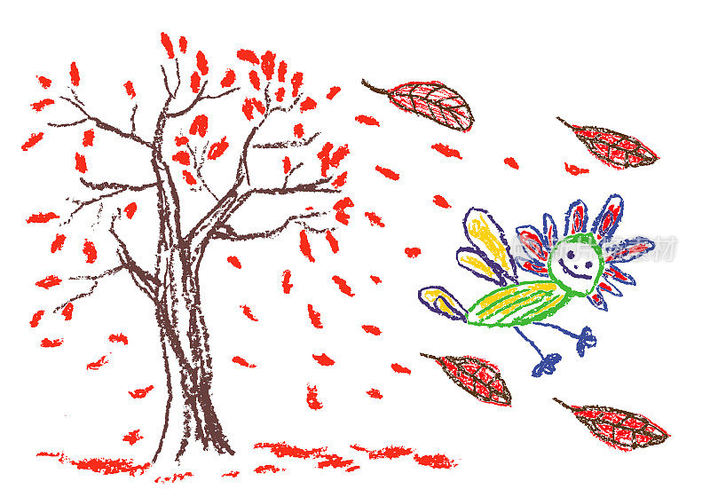 快乐微笑疯狂幻想涂鸦鸟或昆虫和秋天树落叶。
