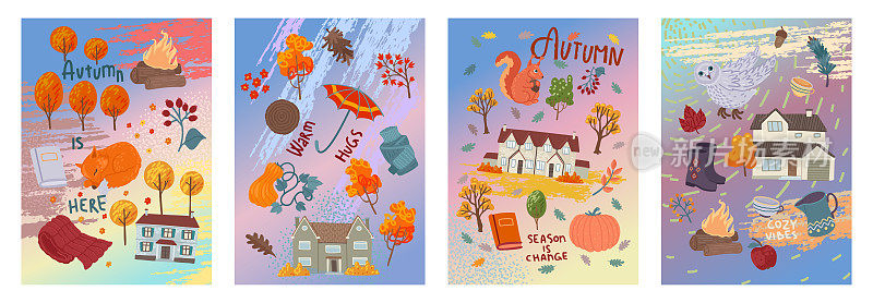 一套有房子和黄树的方形卡片。秋天的天气，季节性的设计。矢量设计，平面插图