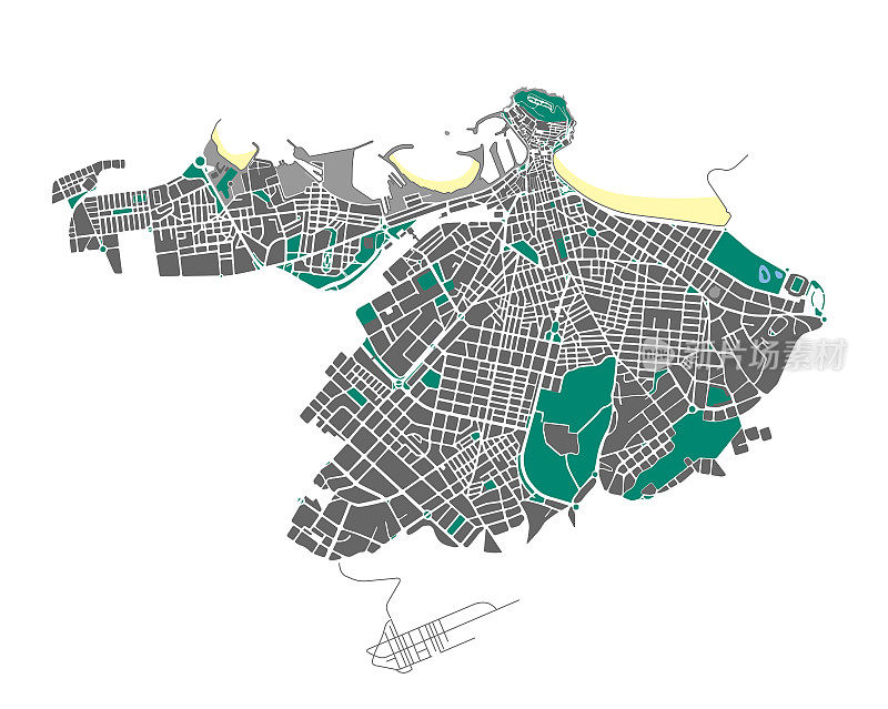 西班牙阿斯图里亚斯，希洪市详细的城市街道地图。矢量插图。