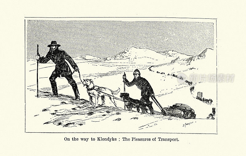 十九世纪淘金热时期，勘探者在雪中漫步来到克朗代克