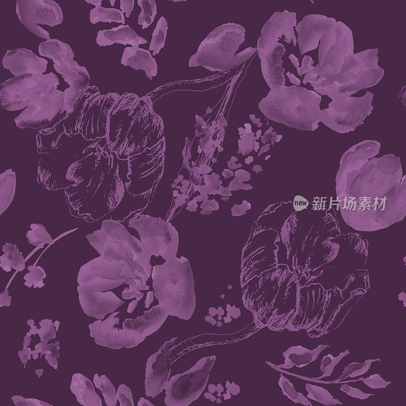 无缝图案与郁金香和叶子。向量