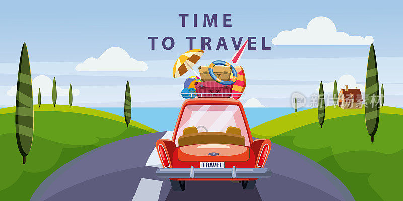 车暑假去海边旅行。红色的车带着行李，冲浪板在路上。矢量插图复古卡通