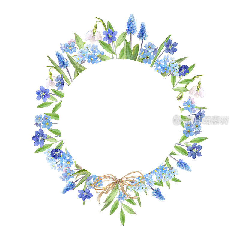 花环与春天蓝色的花，空间的文本，水彩插图