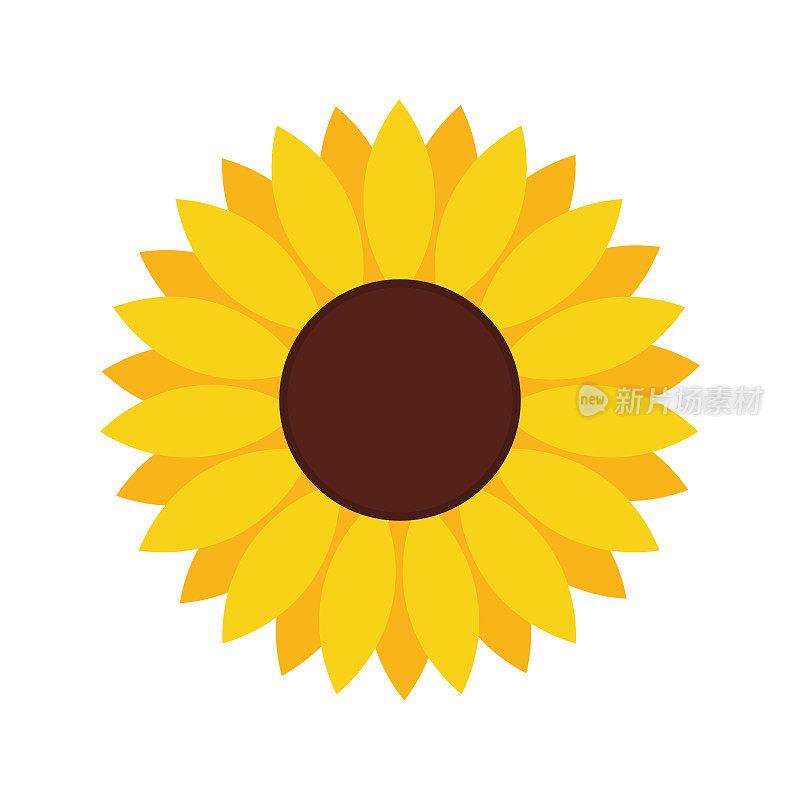 向日葵图标。向日葵平面风格孤立在白色背景上。太阳花朵剪影。圆形黄色标识。图解说明。向量