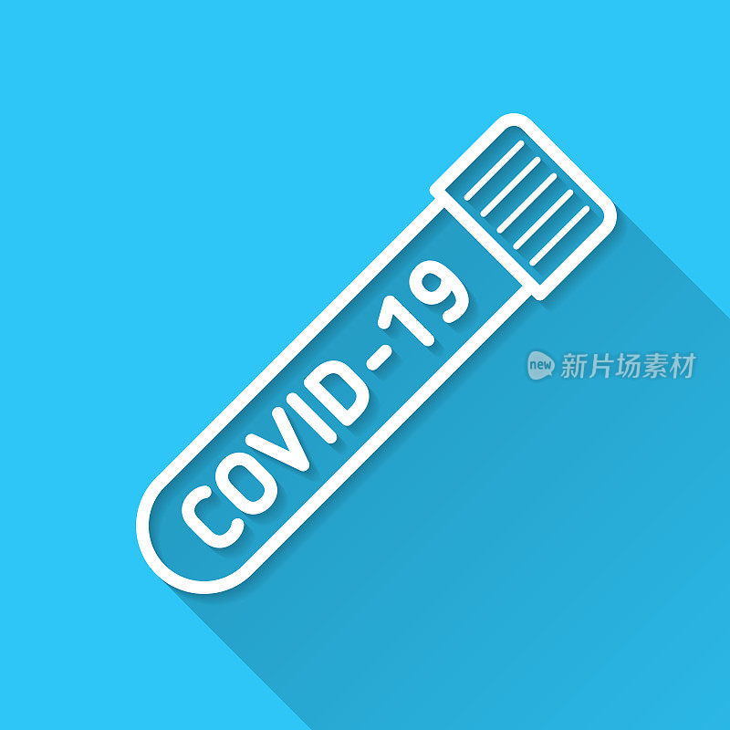 冠状病毒COVID-19试管。图标在蓝色背景-平面设计与长阴影