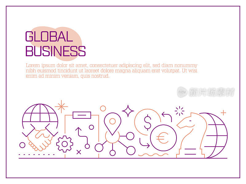 全球商业相关矢量横幅设计概念，现代线条风格与图标