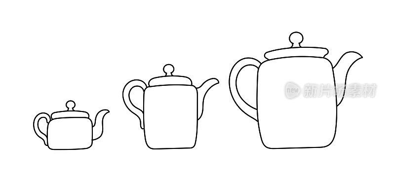 茶壶的大小。茶壶。小、中、大。开放的路径。可编辑的中风。自定义线厚度。向量。