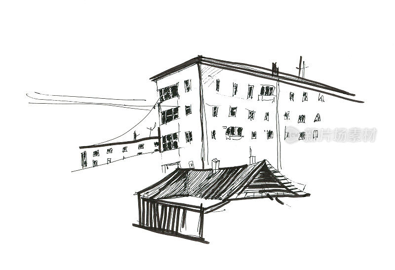 1980年代的架构。城市贫民窟。高层建筑。现代的废墟。黑色钢笔插图。