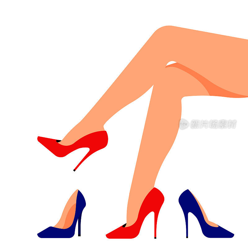 穿着红色高跟鞋的苗条女性腿。红色高跟鞋，纤细的脚。不同的高跟鞋踩在地板上。概念购物、时尚、鞋履、衣柜。矢量插图的横幅，封面，海报。