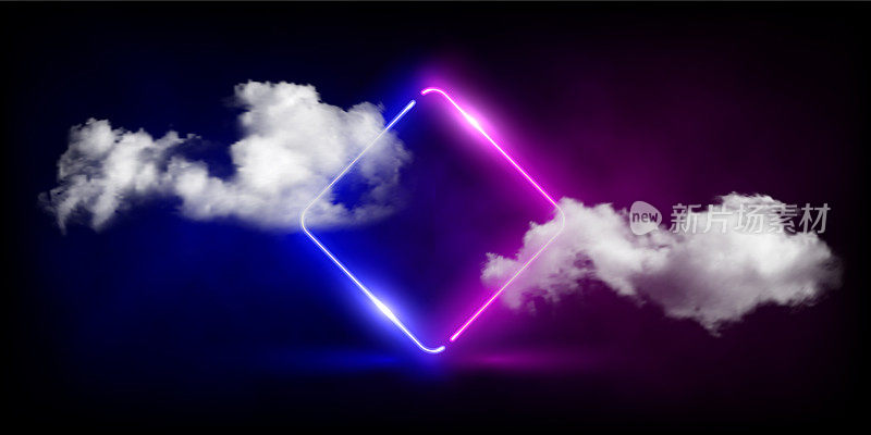 霓虹菱形框架与软云和辉光效果矢量插图。摘要电子粉红色和蓝色边界在天空中闪耀，发光的魔法门户未来与涟漪在黑暗的背景。