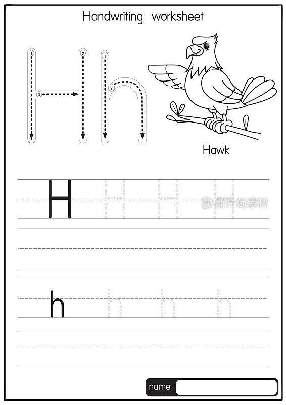 矢量说明霍克与字母H大写字母或大写字母的儿童学习练习ABC