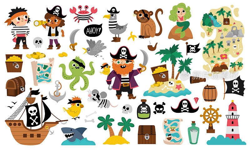 向量的海盗。可爱的海上冒险图标集合。宝岛插图与船，船长，水手，箱子，地图，鹦鹉，猴子，地图。为孩子们准备的有趣的海盗派对元素。