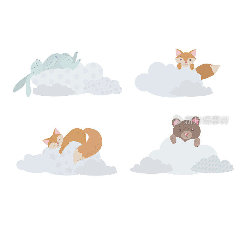 可爱的动物在云端。一只红色的狐狸幼崽，一个滚轴和一个小熊幼崽藏在云里。气球和飞艇。儿童插图，可爱的印刷，矢量。孤立在白色背景上。
