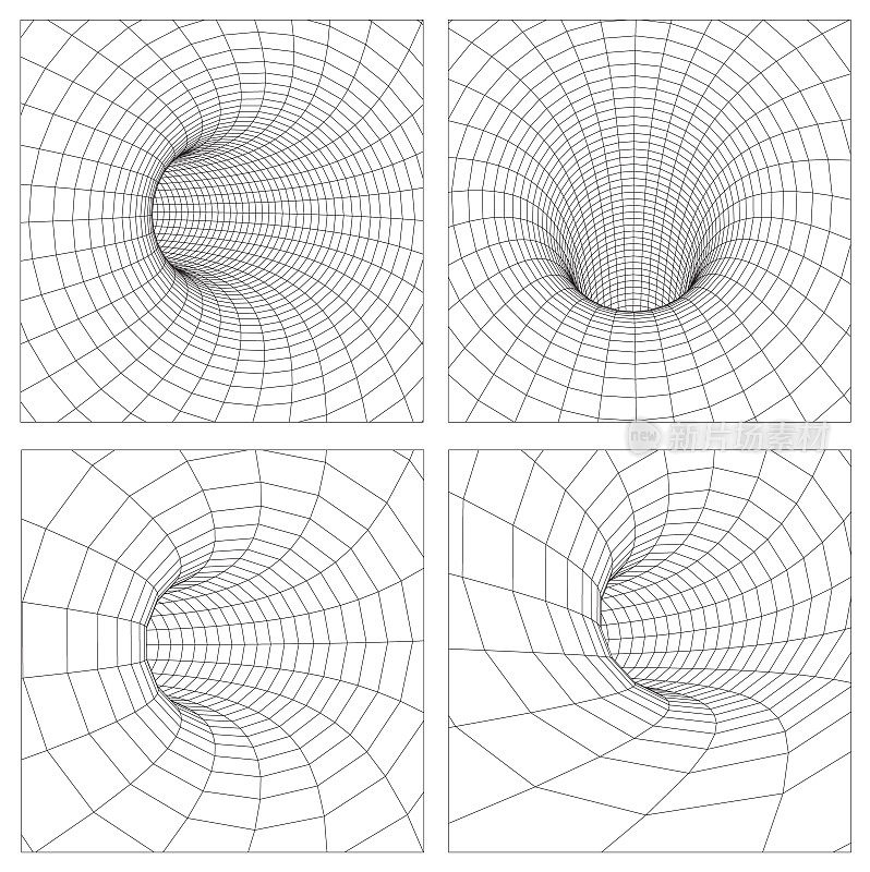 三维重力量子，矢量虫洞插图。奇点抽象黑洞漩涡概念三维插图。网格虫洞线框隧道。每股收益10