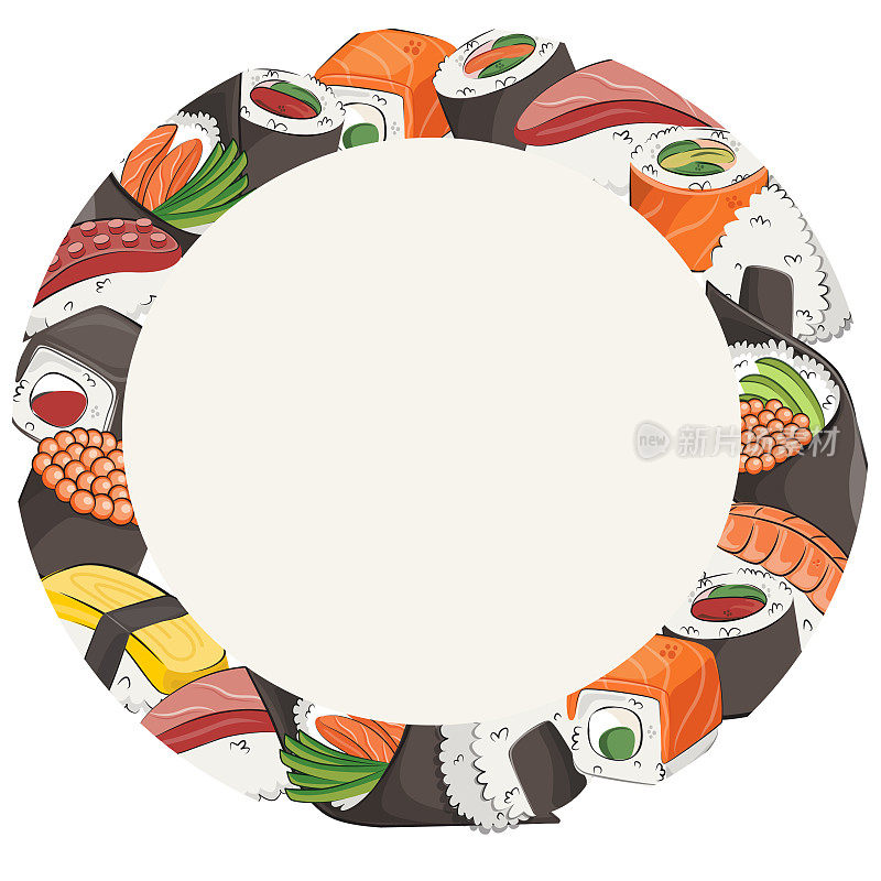 日本料理，套餐。用于餐厅菜单和海报。交付站点矢量平面插图孤立在白色框架背景。寿司卷饭团酱油套装。股票的照片。
