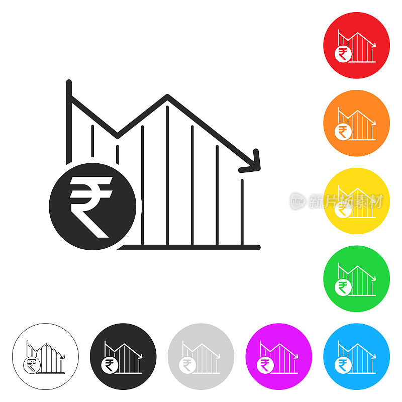 与印度卢比硬币的下降图表。彩色按钮上的图标