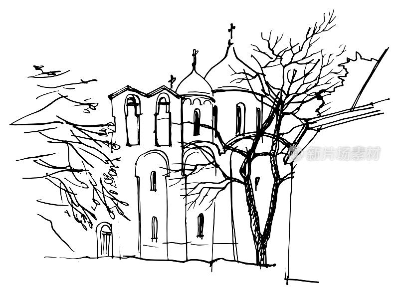 黑色和白色矢量描摹手绘建筑景观，教堂与钟楼墙在诺夫哥罗德市，俄罗斯
