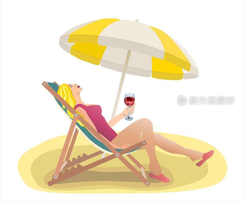 女孩沙滩甲板上的椅子和雨伞