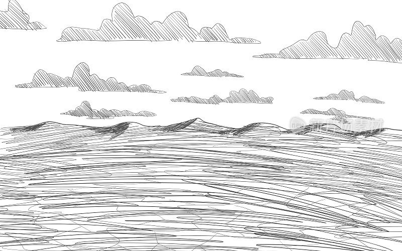 荒山草图。荒地的观点。末世线素描。通风的环境。矢量插图。