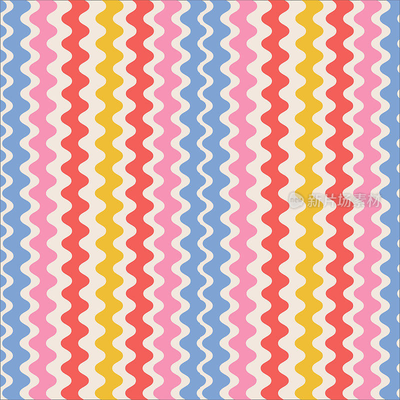 复古条纹波浪无缝图案。70年代风格抽象迷幻飘逸的简约设计。夏天波浪条纹孩子气的织物印花。几何结构。矢量插图。