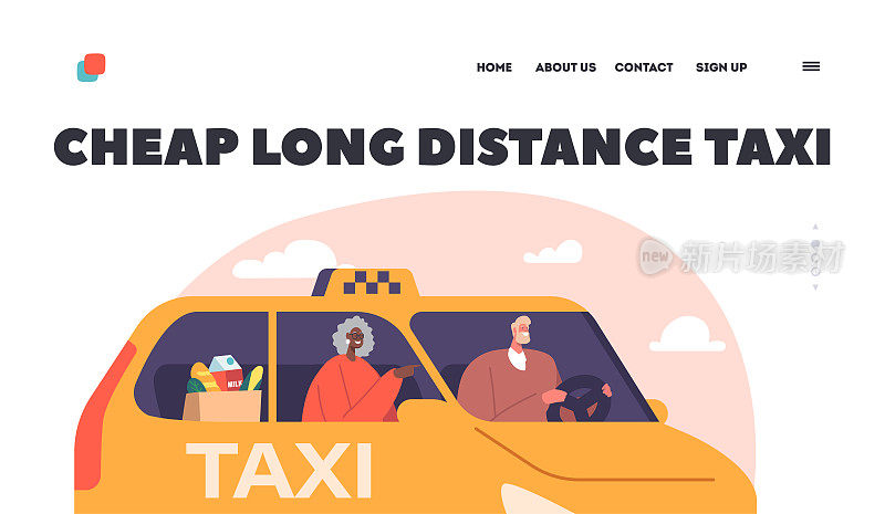 便宜的长途出租车着陆页面模板。老太太或老奶奶与杂货袋使用出租车汽车服务