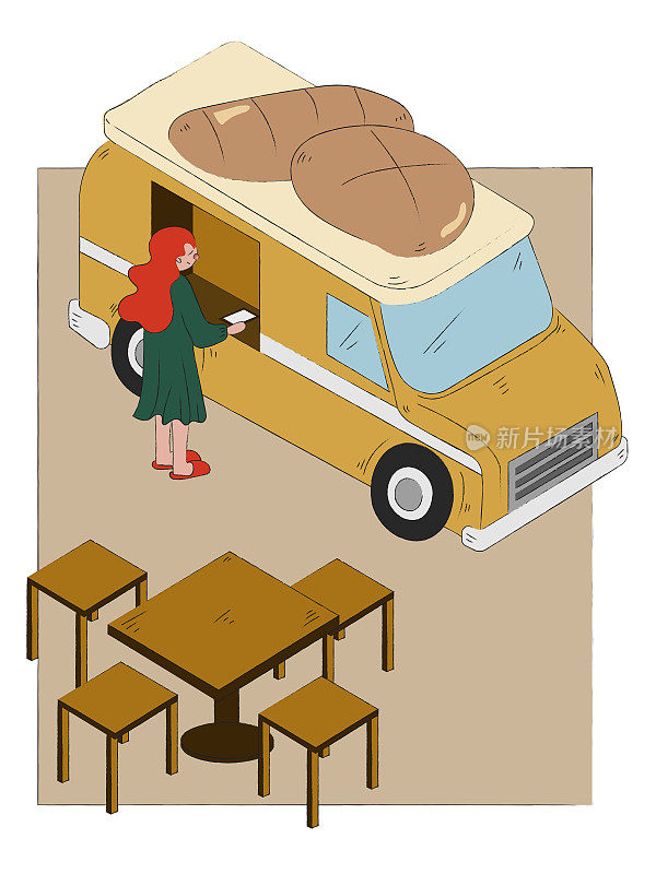 手绘街头食品销售概念。食品卡车面包店销售与饮食区域平面矢量插图背景。