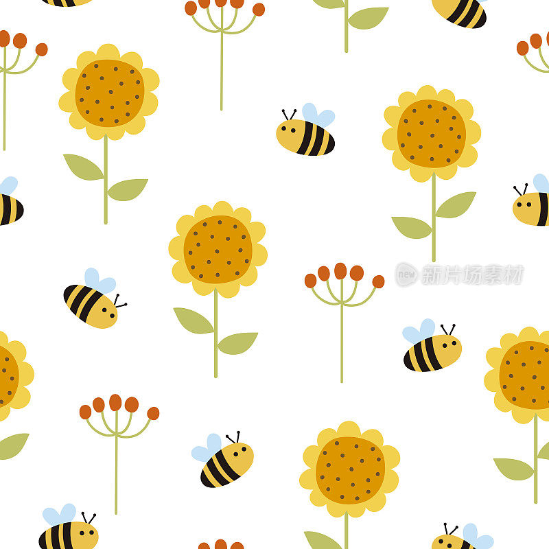 无缝图案与蜜蜂和向日葵。矢量插图。