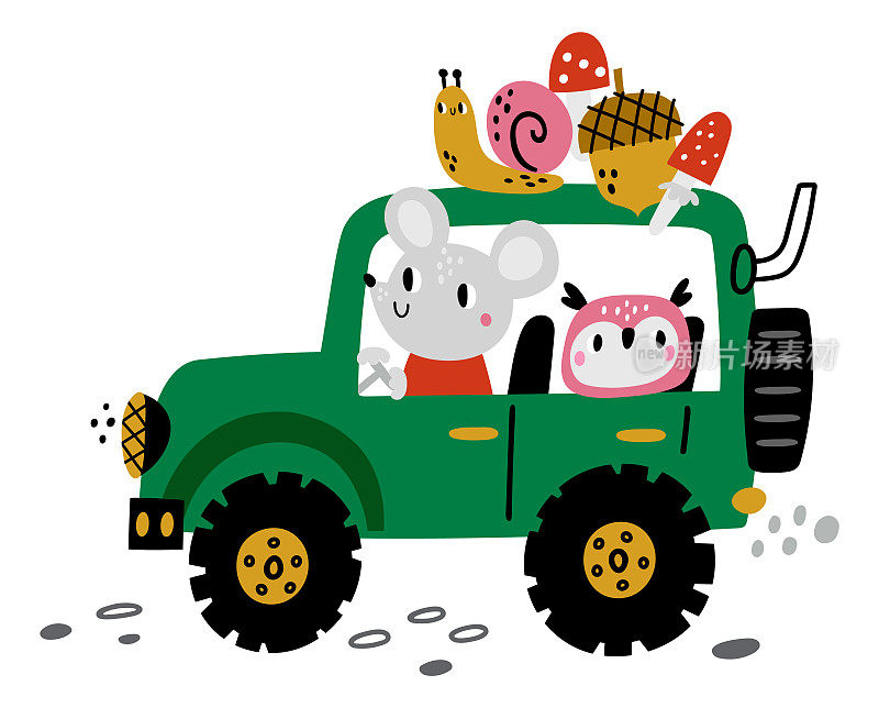 森林动物在绿色越野车旅行。可爱的孩子打印
