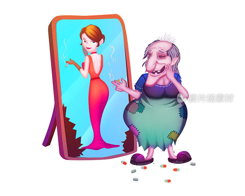 老妇人在服用避孕药后，在镜中看到自己是一个性感的年轻女子。