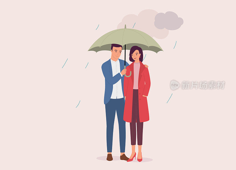 在雨天打着伞的年轻夫妇。