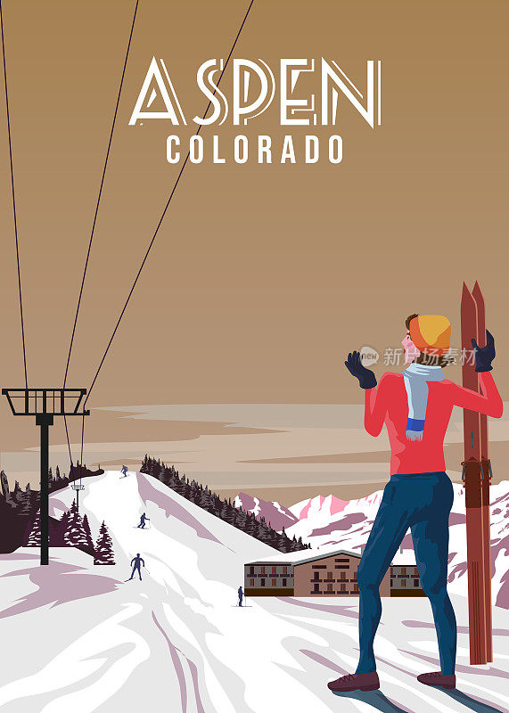 阿斯彭滑雪旅游胜地海报复古。美国科罗拉多州冬季风景旅游卡