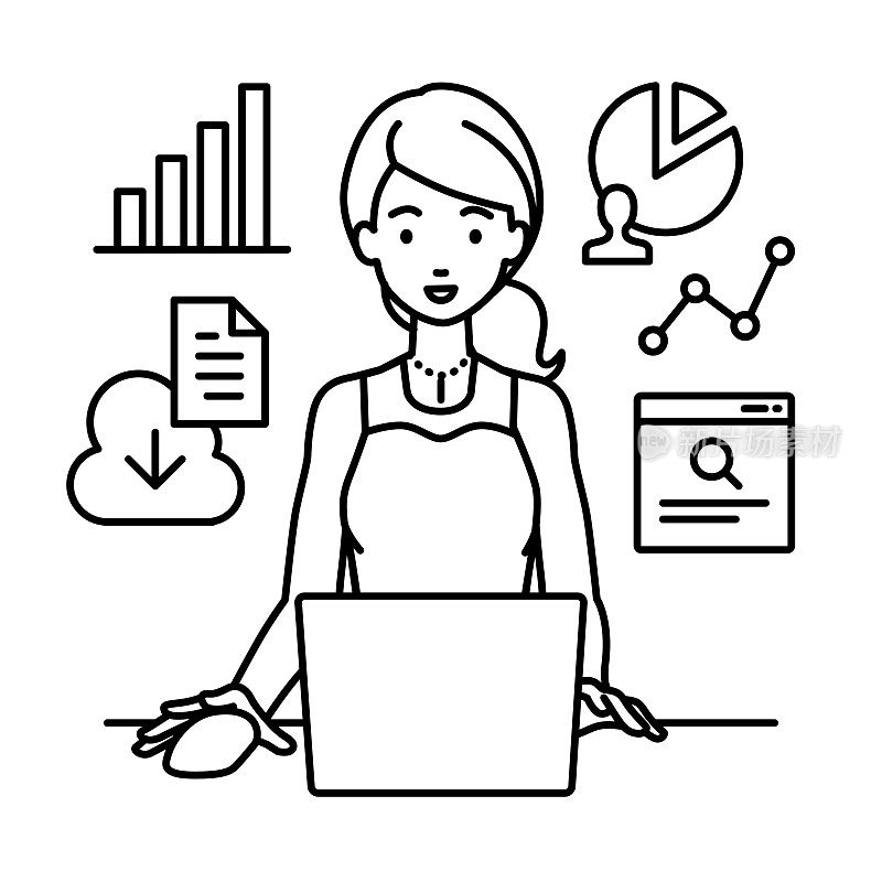 一名穿着衣服的妇女坐在办公桌前，用笔记本电脑浏览网站、搜索资料、共享云端文件、分析和做报告