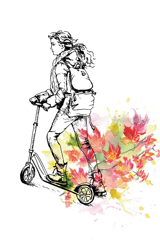 十几岁的女孩骑着滑板车，背景是枫叶。向量