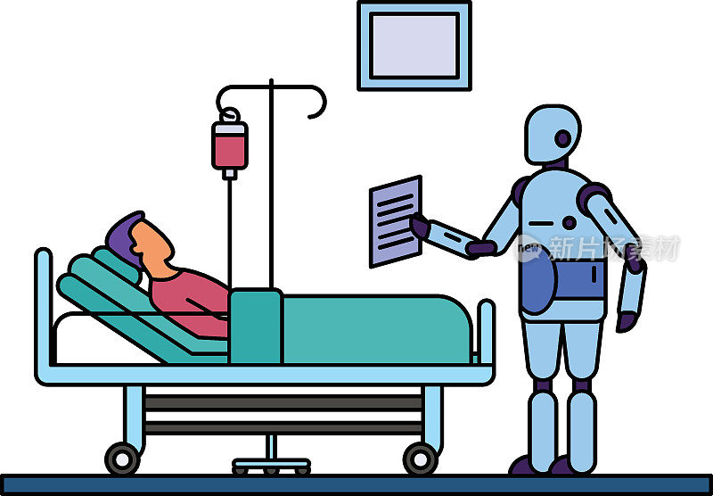 护理机器人概念，照顾病人的合作机器人矢量彩色图标设计，机器人医疗符号，医疗场景标识，创新人工智能工作在现代诊所库存插图